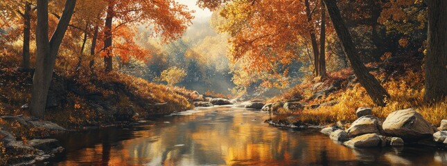 Wall Mural - A serene autumn landscape featuring a calm river surrounded by colorful foliage.