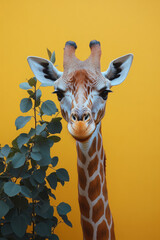 Poster - A graceful giraffe reaching for leaves at the top of a tree, isolated on a pastel yellow background, showcasing its long neck and elegance,