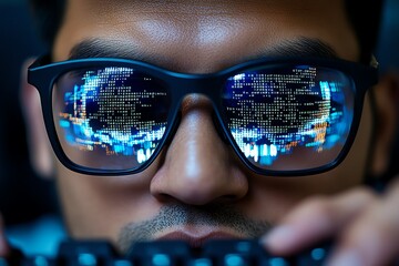 Aufkleber - Close-up of a hacker's hands typing on a keyboard, with code reflected in the glasses, showing precision and focus in their digital infiltration
