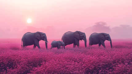 Aufkleber - An elephant family walking across the savannah, isolated on a pastel lavender background, representing unity and gentle strength,