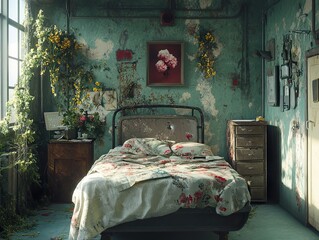 Poster - Vintage Bedroom with Overgrown Plants and Sunlight