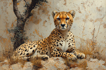 Aufkleber - A cheetah resting under a tree, isolated on a pastel cream background, capturing its sleek form and watchful gaze,