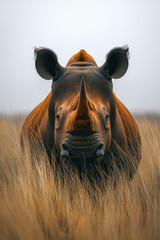 Poster - A rhinoceros standing in tall grass, isolated on a pastel gray background, symbolizing power and resilience in the wild,