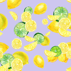 seamless pattern with lemon slices. Hand drawn watercolor. 