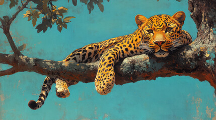 Aufkleber - A leopard lounging in a tree, isolated on a pastel blue background, representing its stealth and agility,