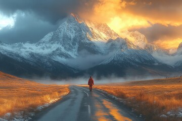 A Child at a Forked Road in the Mountains Under a Cloudy Dawn Sky