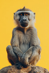 Poster - A close-up of a baboon sitting on a rock, isolated on a pastel yellow background, showcasing its expressive face and social behavior,