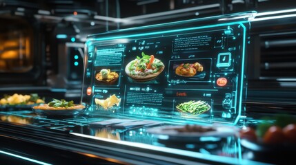 Poster - A futuristic display of a food delivery app, with holographic meals floating above a transparent screen.