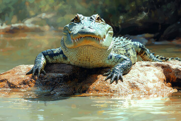 Aufkleber - A crocodile basking on a riverbank, isolated on a pastel green background, representing the lurking danger of the safari waters,