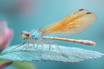 Aufkleber - A close-up of a dragonfly resting on a leaf, isolated on a pastel blue background, capturing its iridescent wings,