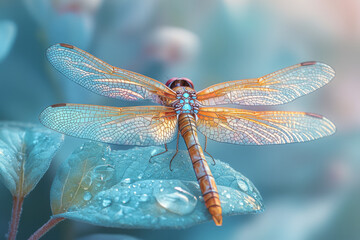 Aufkleber - A close-up of a dragonfly resting on a leaf, isolated on a pastel blue background, capturing its iridescent wings,