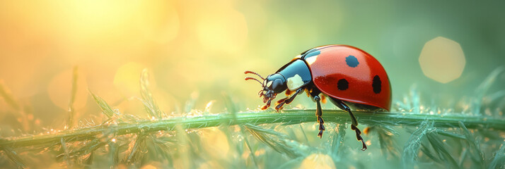 Aufkleber - A ladybug crawling across a blade of grass, isolated on a pastel green background, symbolizing good luck and simplicity,
