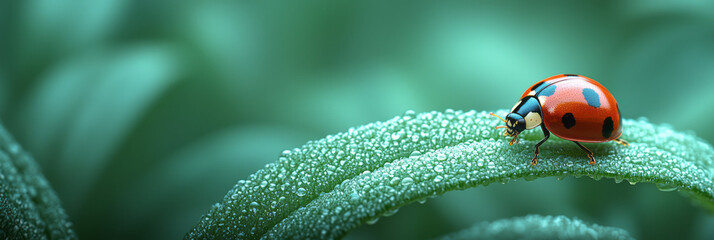 Aufkleber - A ladybug crawling across a blade of grass, isolated on a pastel green background, symbolizing good luck and simplicity,