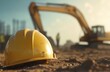© olegganko - Construction site at sunset with a yellow hard hat on the ground and machinery in the background