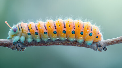 Aufkleber - A colorful caterpillar inching along a twig, isolated on a pastel mint background, representing transformation and growth,