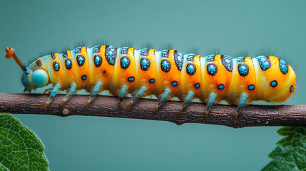 Aufkleber - A colorful caterpillar inching along a twig, isolated on a pastel mint background, representing transformation and growth,