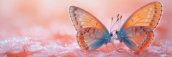 Aufkleber - A pair of delicate butterflies fluttering together, isolated on a pastel pink background, capturing a moment of grace and beauty,