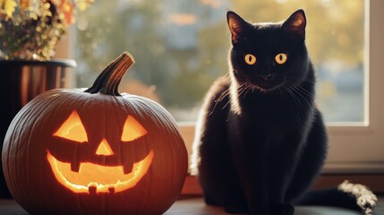 Wall Mural - A black cat with glowing eyes sits beside a spooky carved pumpkin, lit naturally by sunlight through a window.