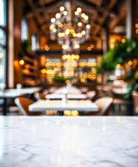 Wall Mural - A white marble countertop for product display is set up with a bokeh-effect background of a pleasant restaurant.