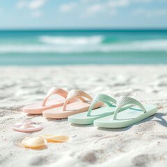 Three colorful flip flops are on a beach