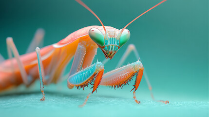 Aufkleber - A close-up of a praying mantis, isolated on a pastel green background, highlighting its unique form and curious posture,