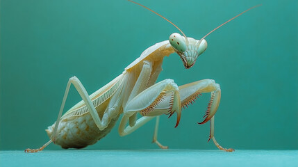 Fototapete - A close-up of a praying mantis, isolated on a pastel green background, highlighting its unique form and curious posture,