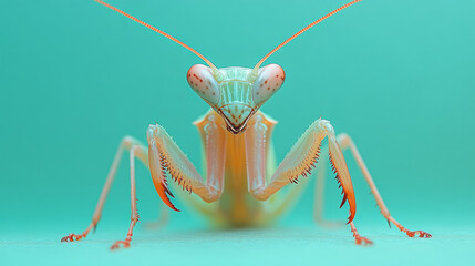 Aufkleber - A close-up of a praying mantis, isolated on a pastel green background, highlighting its unique form and curious posture,