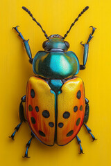 Aufkleber - A colorful beetle with a shiny shell, isolated on a pastel yellow background, showcasing its vibrant metallic hues,