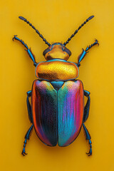 Aufkleber - A colorful beetle with a shiny shell, isolated on a pastel yellow background, showcasing its vibrant metallic hues,