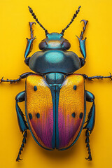 Aufkleber - A colorful beetle with a shiny shell, isolated on a pastel yellow background, showcasing its vibrant metallic hues,