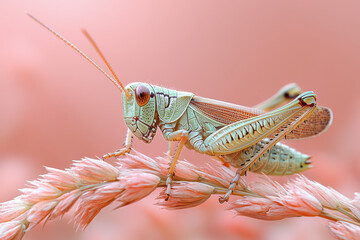Aufkleber - A grasshopper perched on a blade of grass, isolated on a pastel peach background, ready to leap into action,