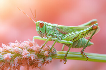 Aufkleber - A grasshopper perched on a blade of grass, isolated on a pastel peach background, ready to leap into action,