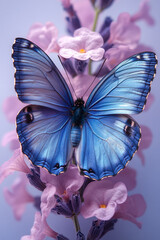 Aufkleber - A shimmering blue butterfly with its wings spread open, isolated on a pastel lavender background, symbolizing freedom and transformation,