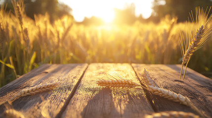 wooden table; empty table; nature background; flower field; sunny day; wildflowers; outdoor scene; summer; rustic; wood texture; sunlight; countryside; natural setting; table surface; landscape; rural