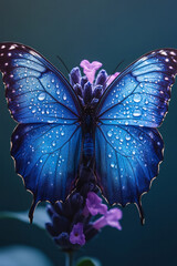 Aufkleber - A shimmering blue butterfly with its wings spread open, isolated on a pastel lavender background, symbolizing freedom and transformation,