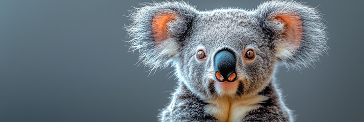 Poster - A serene portrait of a koala, isolated on a pastel gray background, highlighting its round ears and gentle eyes,