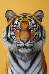 Poster - A detailed portrait of a Bengal tiger, isolated on a pastel orange background, capturing its striking stripes and fierce gaze,