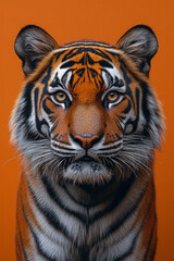 Poster - A detailed portrait of a Bengal tiger, isolated on a pastel orange background, capturing its striking stripes and fierce gaze,