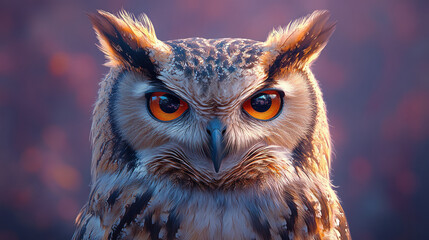 Poster - A portrait of a wise owl, isolated on a pastel lavender background, with its large, expressive eyes staring directly ahead,