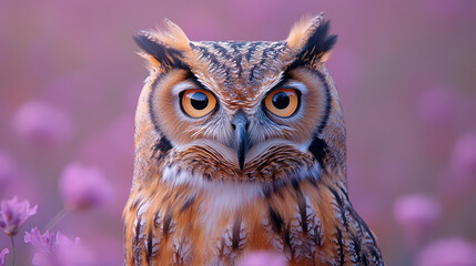 Poster - A portrait of a wise owl, isolated on a pastel lavender background, with its large, expressive eyes staring directly ahead,