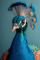 Poster - A regal portrait of a peacock, isolated on a pastel mint background, showcasing its vibrant feathers and elegant pose,