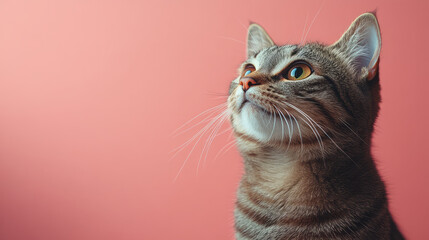 Poster - A portrait of a curious cat, isolated on a pastel pink background, with its whiskers and bright, alert eyes,