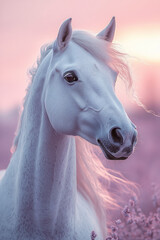 Poster - A majestic portrait of a horse, isolated on a pastel lavender background, showcasing its strong build and flowing mane,