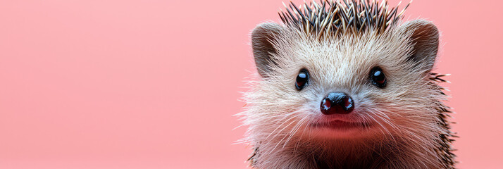 Poster - A close-up of a hedgehog, isolated on a pastel peach background, with its tiny quills and inquisitive expression,