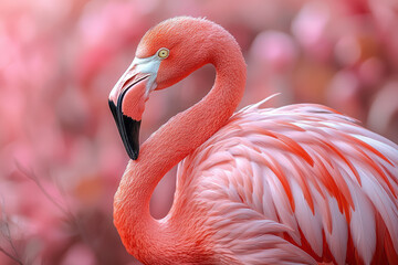 Poster - A portrait of a flamingo, isolated on a pastel pink background, with its long neck gracefully curved and vibrant feathers on display,
