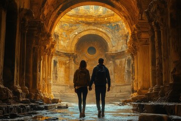 Wall Mural - A Couple Explores the Mysteries of an Ancient Building Together