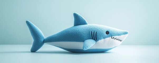 Canvas Print - Blue Plush Shark Toy on Blue Background.