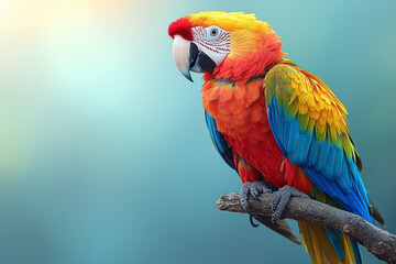 Aufkleber - A vibrant macaw perched on a branch, isolated on a pastel blue background, showcasing its colorful feathers,