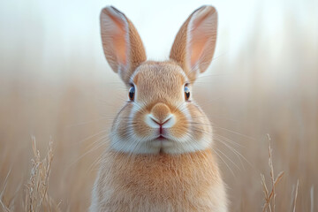 Poster - A playful portrait of a rabbit, isolated on a pastel cream background, with its long ears and twitching nose,