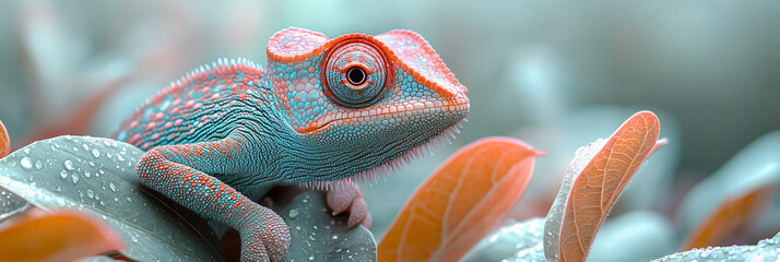 Poster - A close-up of a chameleon blending into leaves, isolated on a pastel green background, highlighting its shifting colors,